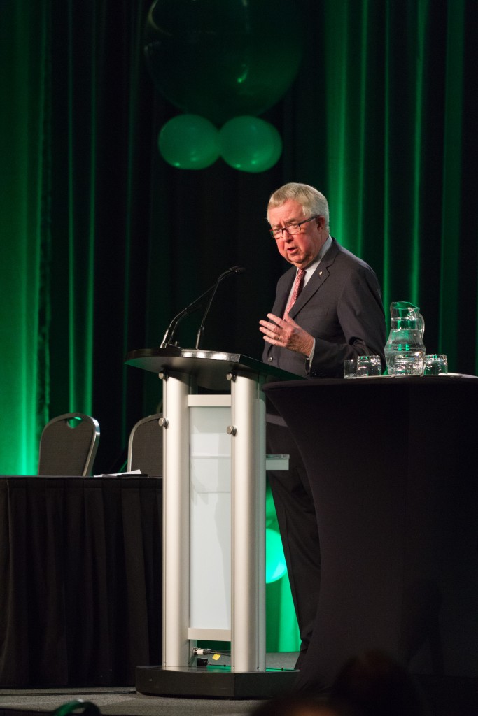 Joe Clark addresses a full house at the March Classic. Photo credit: Grain Farmers of Ontario